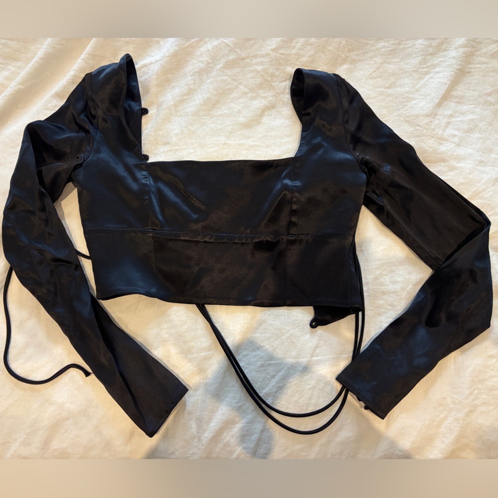 Zara Black Satin Corset Crop Top with Tie Details